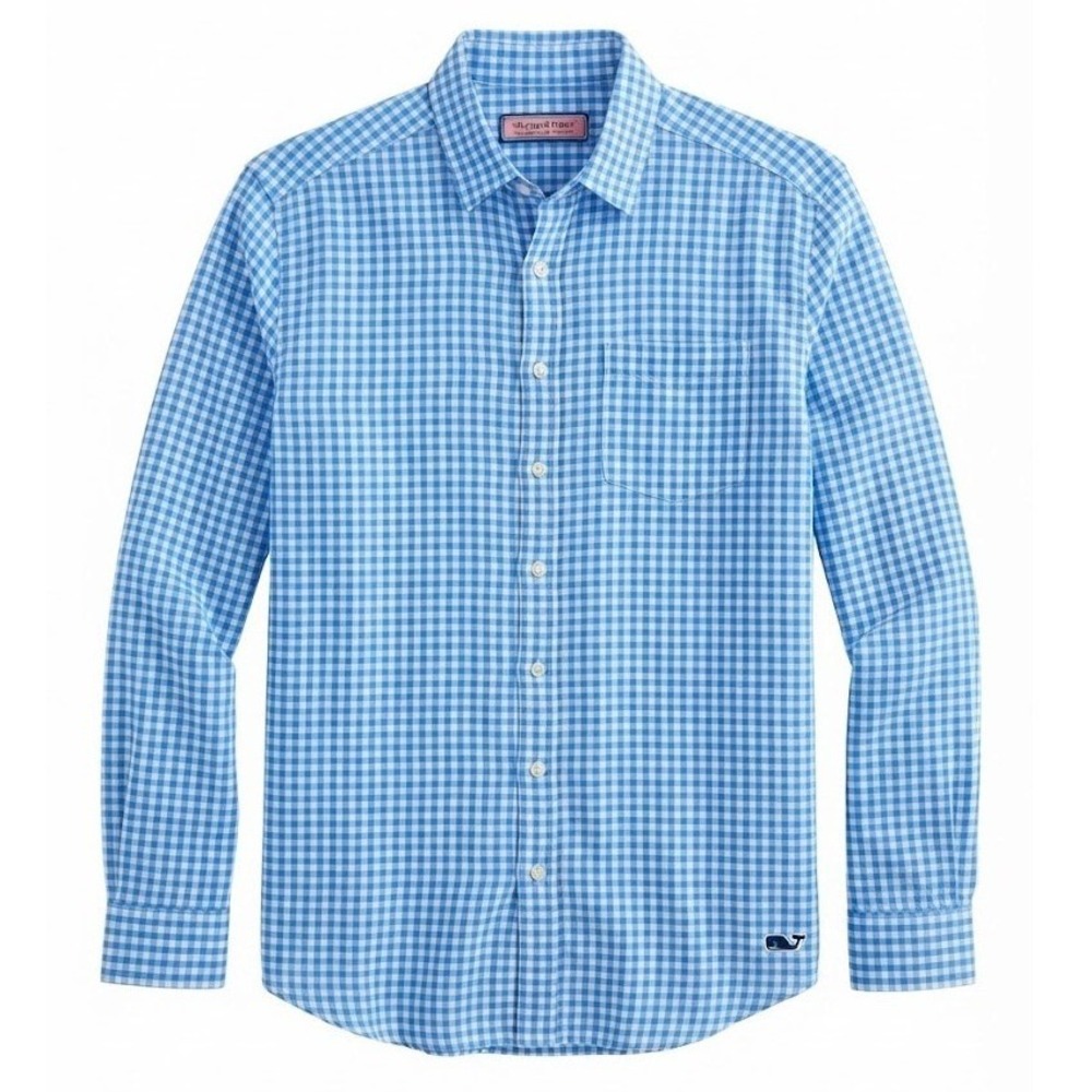 Vineyard Vines Mens Large Blue White Gingham 100% Linen Button Down Shirt - CJ
